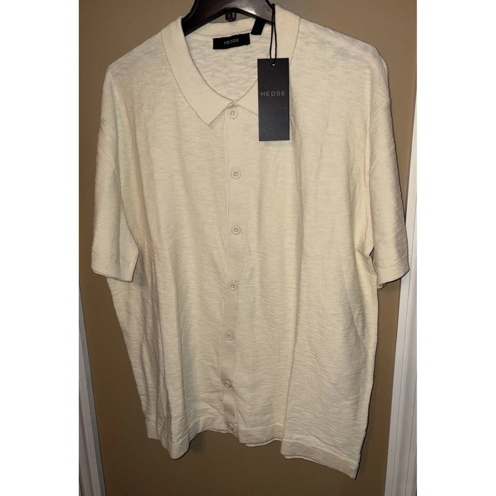 NWT Hedge Men's XXL Cream Button Up Short Sleeve 100% Cotton Slub Knit Shirt